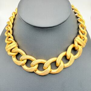 Vintage Chunky Bold Heavy Matte Gold Tone Curb Bib Chain Choker Necklace 15.5"
